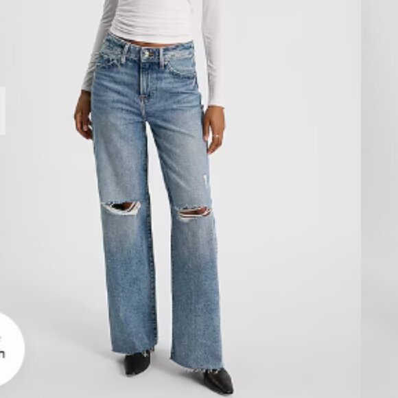 Express Denim - High Waisted Medium Wash 50/50 Rigid Stretch Ripped Wide Leg Jeans